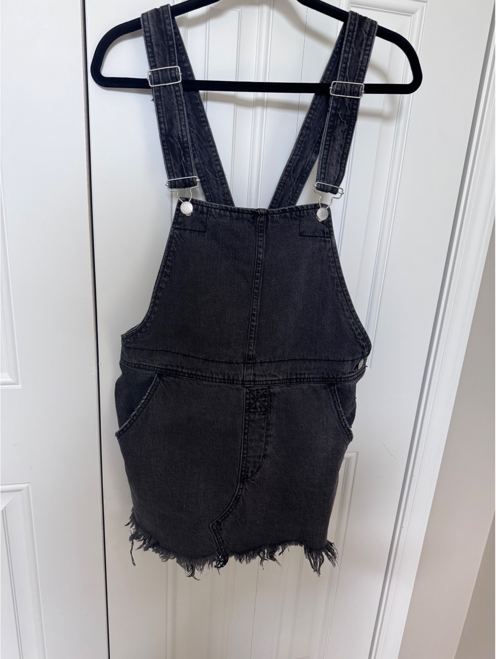 Free People Washed Black Distressed Denim Overall Pinafore Dress Skirt Size 6